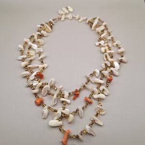 Vintage Mid-Century Japanese Mother-of-Pearl & Coral Bead 3 Strand Necklace